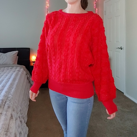 Classic red vintage chenille gold tinsel sweater - Picture 2 of 11